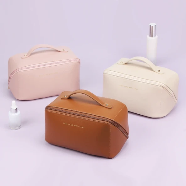 Rose Taba Büyük Kapasiteli Pu Deri Kozmetik Çantası Vintage - 5