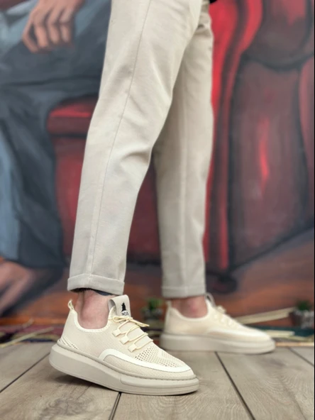 ET0375 Özel Örme Triko Tarz Krem Renk Spor Ayakkabı - Resim 3