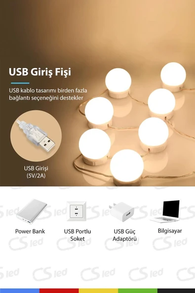 CSled  USB Girişli Hollywood Tarzı 10'lu LED Işık – Makyaj Masası Dekoratif Aydınlatma - 5