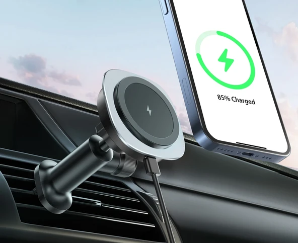 QI-206 Magsafe Uyumlu Araç Içi 15W Kablosuz Hızlı Şarj Telefon Tutucu (Siyah) - 2