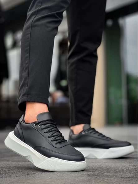 ET0354 Günlük  Bağcıklı Erkek Yüksek Taban Siyah Spor Ayakkabı - Resim 5