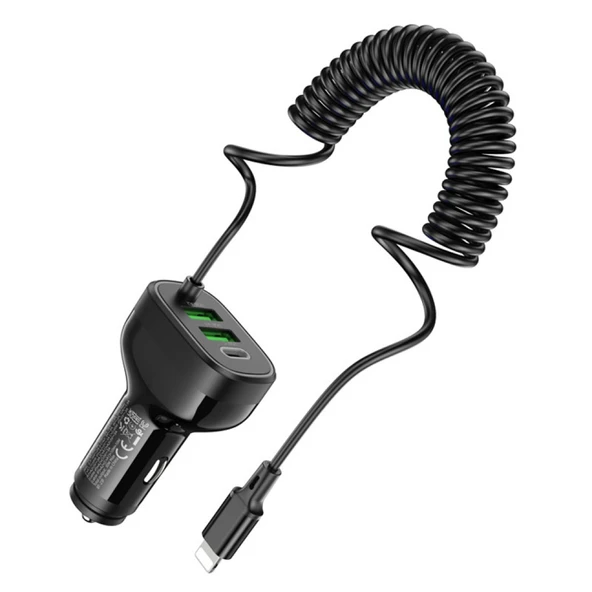 HOCO NZ11A 30W 2 USB+ Type-C Girişli iPhone Kablolu Araç Çakmaklık Şarj Aleti (Siyah) - 6