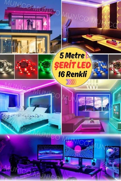 Mucuks  16 Renkli Uzaktan Kumandalı RGB LED Şerit Işık 5M - Ev Dekorasyonu için Mükemmel Seçim TV Arkası RGB