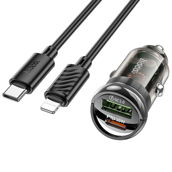 Hoco Z53A 30 W Type-C to Lightning Kablolu Hızlı Araç Şarj Aleti (Siyah)