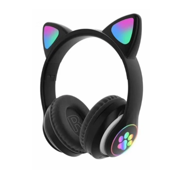 Cat Stn-28 Pro Sevimli Kedi Kulaklı LED Işıklı Katlanabilir Kablosuz Kulaküstü Bluetooth Kulaklık (Siyah)