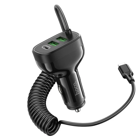 HOCO NZ11A 30W 2 USB+ Type-C Girişli iPhone Kablolu Araç Çakmaklık Şarj Aleti (Siyah) - 3