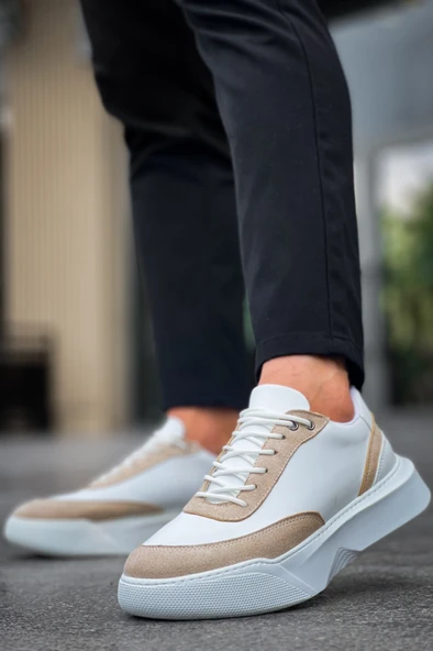 ET0354 Günlük  Bağcıklı Erkek  Krem Parçalı Beyaz  Yüksek Taban Spor Ayakkabı - Resim 6