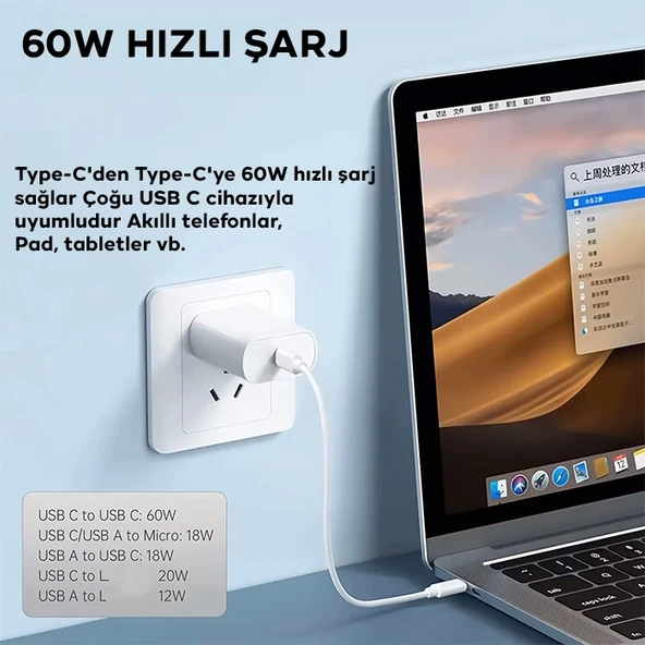 5in1 iPhone+ Type-C+ USB Seyahat için 60W Hızlı Şarj Kablo Seti (Beyaz) - 4