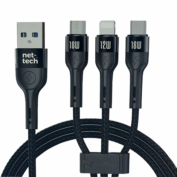 Nettech NT-DC13 İp Örgü 100 Cm USB To Micro + Lightning + Type-C Şarj ve Data Kablosu