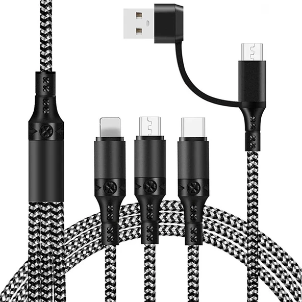 iPhone li̇ghtni̇ng, Type-c, Mi̇kro Hızlı 5 in 1 Şarj Kablosu Kopmaz Halat 1.20m (Siyah)