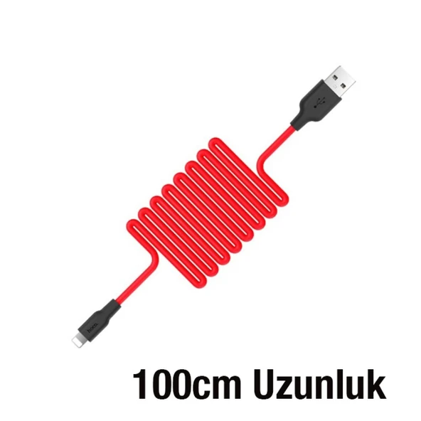 HOCO X21 USB to iPhone Lightning 2A Silikon Hızlı Şarj ve Data Kablosu (Siyah-Kırmızı) - 4