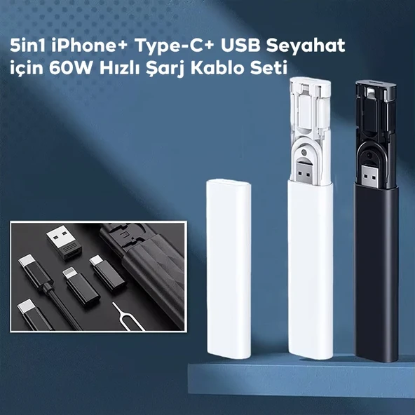 5in1 iPhone+ Type-C+ USB Seyahat için 60W Hızlı Şarj Kablo Seti (Beyaz) - 2