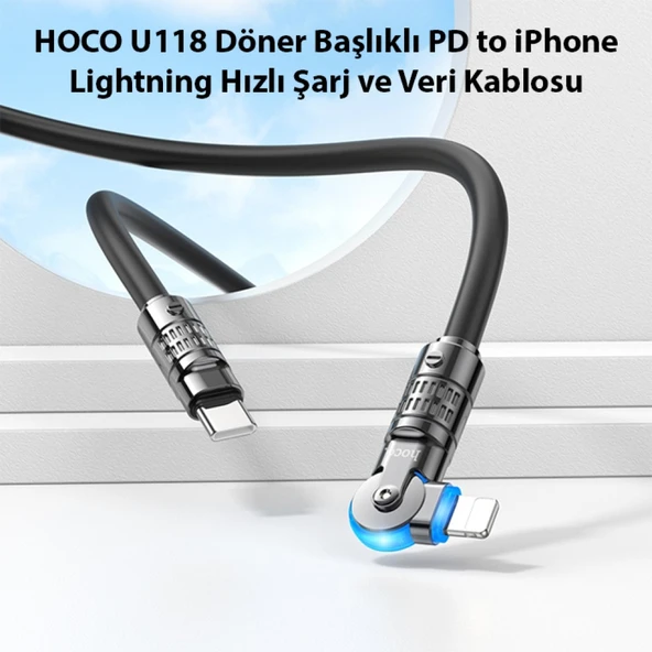 HOCO U118 Döner Başlıklı PD to iPhone Lightning Hızlı Şarj ve Veri Kablosu (Siyah) - 5