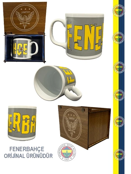 Fenerbahçe Lisanslı Kupa Sarı - Gri Mug Hediyelik Ahşap Kutulu