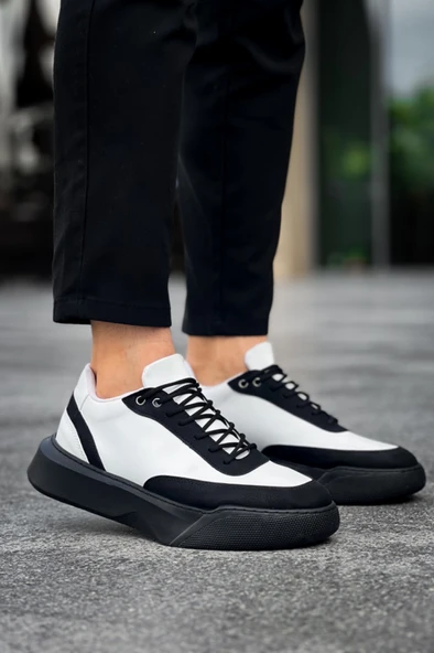 ET0354 Günlük  Bağcıklı Erkek  Beyaz Parçalı Siyah  Yüksek Taban Spor Ayakkabı - Resim 3