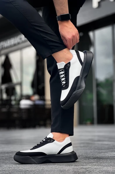 ET0354 Günlük  Bağcıklı Erkek  Beyaz Parçalı Siyah  Yüksek Taban Spor Ayakkabı - Resim 2