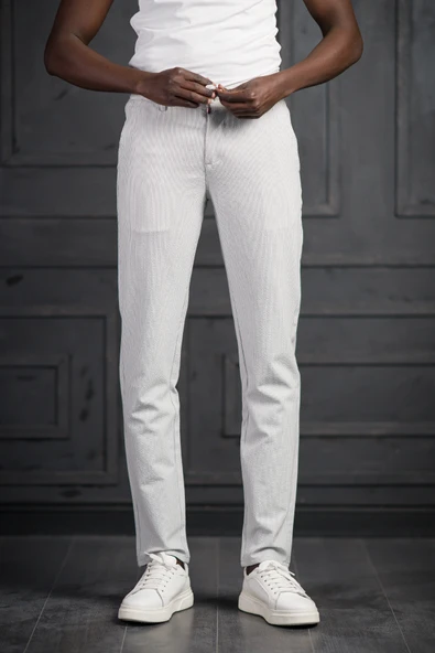 Slimfit Beli Lastikli Ve İplikli Likralı Çizgili Jogger Pantolon - Resim 9