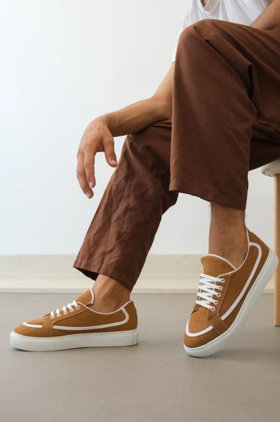 ET0351 Bağcıklı Deri Tozu Günlük Taba Renk Spor Ayakkabı - 2
