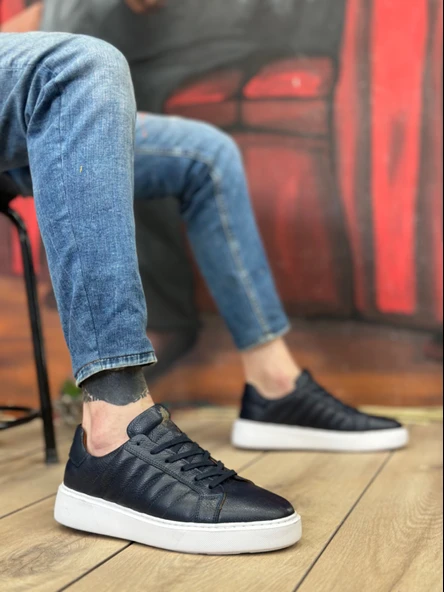ET0348 İçi Dışı Hakiki Deri Bağcıklı Lacivert Casual Erkek Ayakkabı - 2