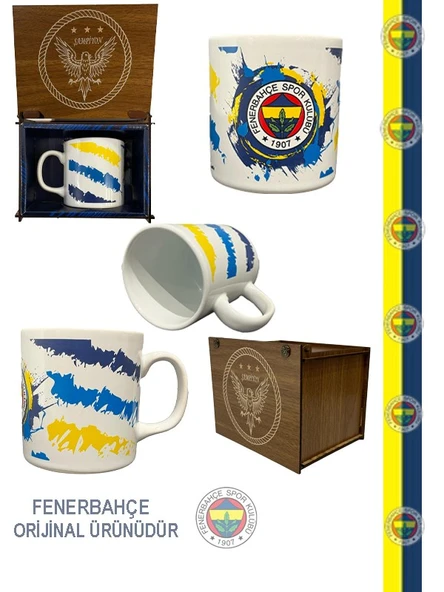 Fenerbahçe Lisanslı Kupa Sarı Lacivert Mug Hediye Ahşap Kutulu