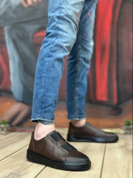 ET0347 İçi Dışı Hakiki Deri Çift Bantlı Kahverengi Casual Erkek Ayakkabı