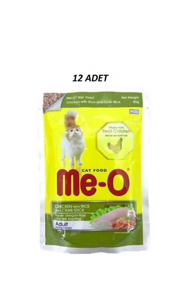 Me-O Pouch Tavuk Etli Pirinçli ve Yengeçli Yetişkin Kedi Yaş Maması 80 Gr x 12 adet