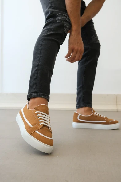 ET0351 Bağcıklı Deri Tozu Günlük Taba Renk Spor Ayakkabı - 4