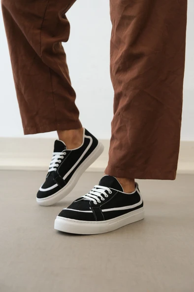 ET0351 Bağcıklı Deri Tozu Günlük Siyah Renk Spor Ayakkabı - Resim 2