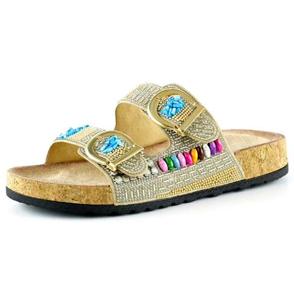 Erkan Saçmacı Bej Sabit Çift Bantlı Renkli Taşlı Boncuklu Mantar Taban Görünümlü Terlik