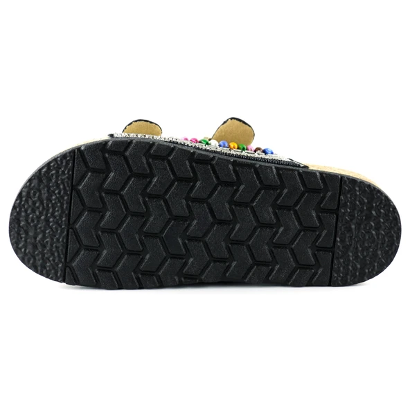 Erkan Saçmacı Siyah Sabit Çift Bantlı Renkli Taşlı Boncuklu Mantar Taban Görünümlü Terlik - 5