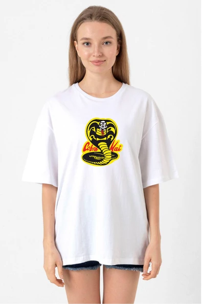 Cobra Kai Logo Beyaz Kadın Oversize Tshirt