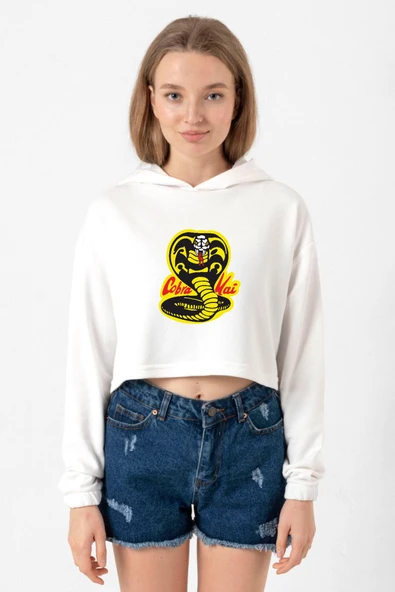 Cobra Kai Logo Ekru Kadın Crop Kapşonlu