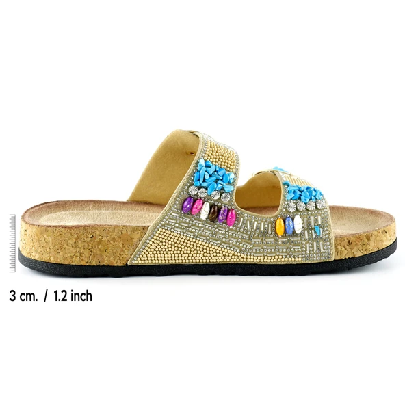 Erkan Saçmacı Bej Sabit Çift Bantlı Renkli Taşlı Boncuklu Mantar Taban Görünümlü Terlik - 2