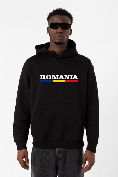 Romania Flag Lettern Siyah Erkek 3ip Kapşonlu Sweatshirt
