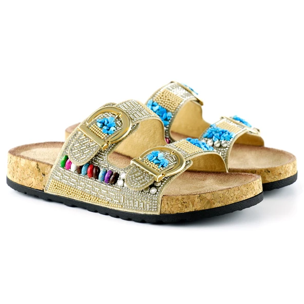 Erkan Saçmacı Bej Sabit Çift Bantlı Renkli Taşlı Boncuklu Mantar Taban Görünümlü Terlik - 4