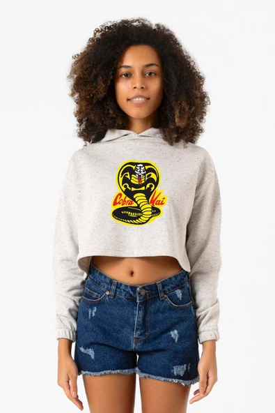 Cobra Kai Logo Beyaz Kırçıllı Kadın Crop Kapşonlu ürün görseli 1