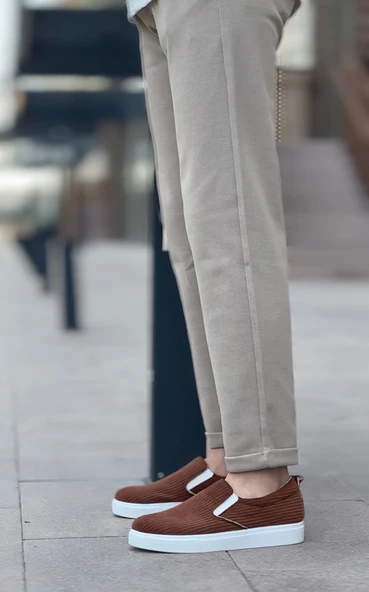 ET0339 Bağcıksız Kadife Kahverengi Beyaz Taban Günlük Erkek Ayakkabı - Resim 4