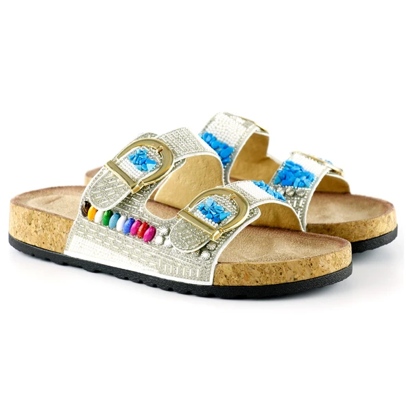 Erkan Saçmacı Beyaz Sabit Çift Bantlı Renkli Taşlı Boncuklu Mantar Taban Görünümlü Terlik - 4