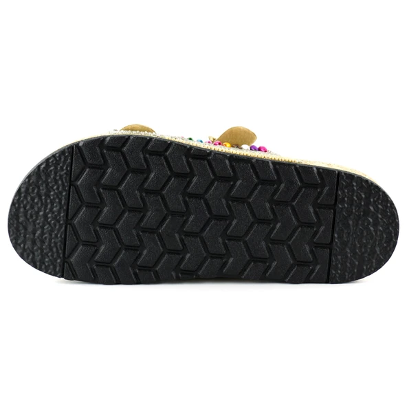 Erkan Saçmacı Bej Sabit Çift Bantlı Renkli Taşlı Boncuklu Mantar Taban Görünümlü Terlik - 5