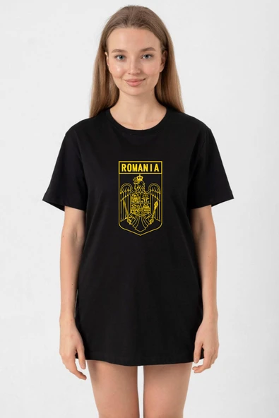 Romania Coat Arms Siyah Kadın Oversize Tshirt ürün görseli 1