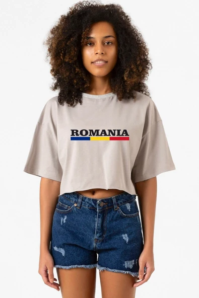 Romania Flag Lettern Taş Rengi Kadın Crop Kapşonlu ürün görseli 1