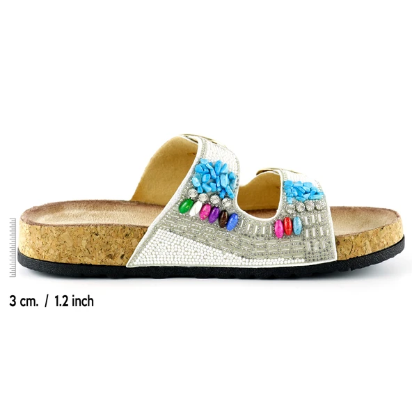 Erkan Saçmacı Beyaz Sabit Çift Bantlı Renkli Taşlı Boncuklu Mantar Taban Görünümlü Terlik - 2