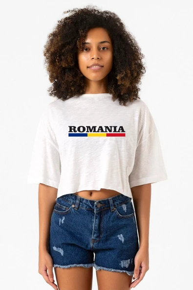 Romania Flag Lettern Beyaz Kırçıllı Kadın Crop Tshirt