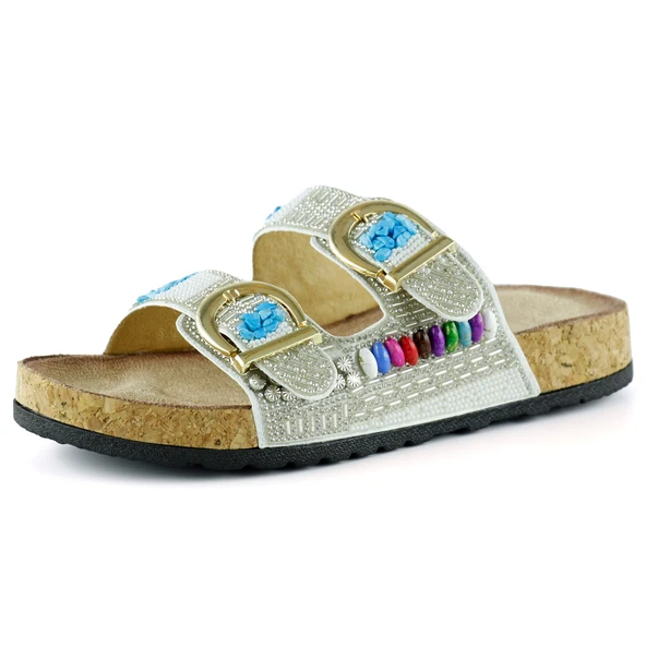 Erkan Saçmacı Beyaz Sabit Çift Bantlı Renkli Taşlı Boncuklu Mantar Taban Görünümlü Terlik