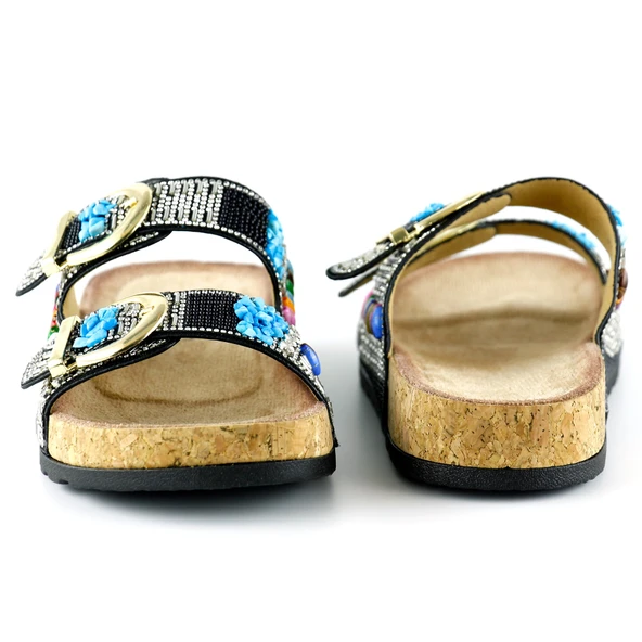 Erkan Saçmacı Siyah Sabit Çift Bantlı Renkli Taşlı Boncuklu Mantar Taban Görünümlü Terlik - 3