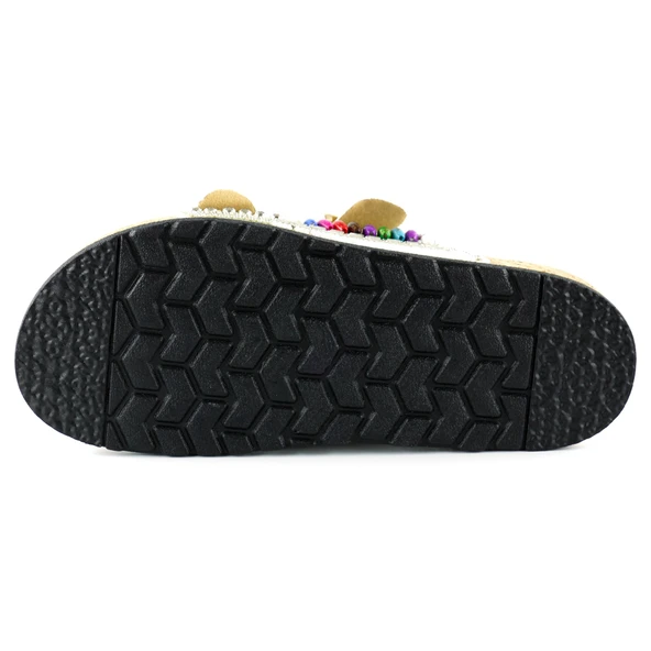 Erkan Saçmacı Beyaz Sabit Çift Bantlı Renkli Taşlı Boncuklu Mantar Taban Görünümlü Terlik - 5