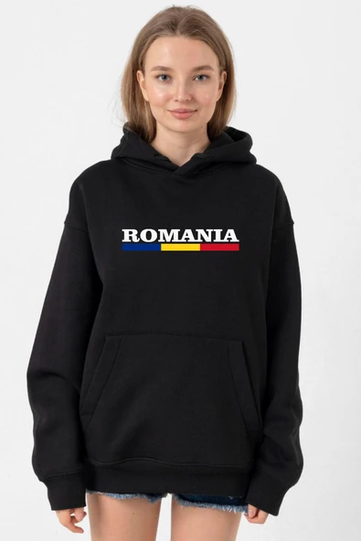 Romania Flag Lettern Siyah Kadın 3ip Kapşonlu ürün görseli