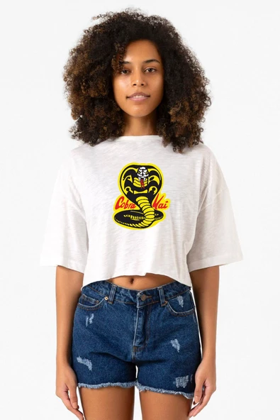 Cobra Kai Logo Beyaz Kırçıllı Kadın Crop Tshirt ürün görseli 1