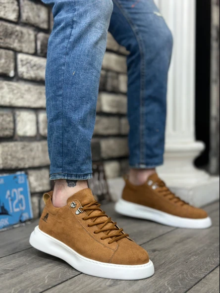 ET0331 Bağcıklı Erkek Yüksek Taban Taba Süet Beyaz Taban Spor Ayakkabı