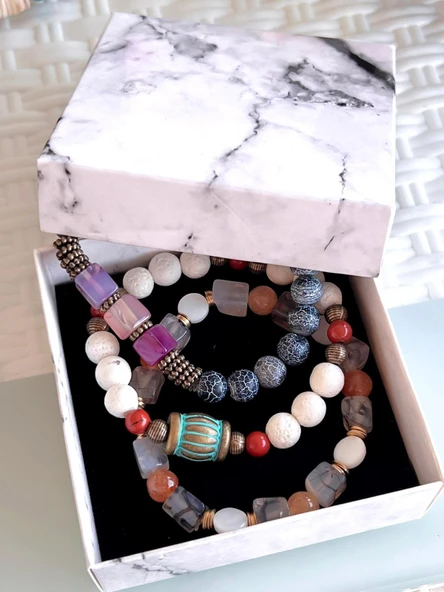 3.Lü Doğal Taş Damarlı Akik,Firuza Ve Jasper Taşı Doğaltaş Bileklik MDL189188187 - 4